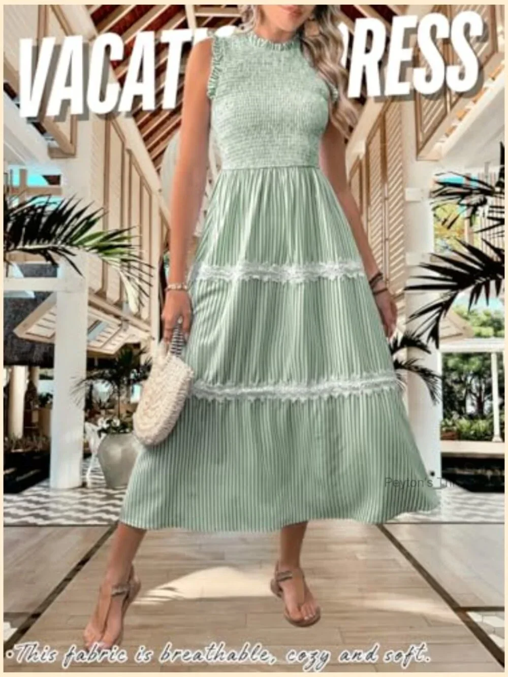 Sleeveless Smocked Flowy Tiered Midi Dress, Casual Striped Sundress - Picture 3 of 7